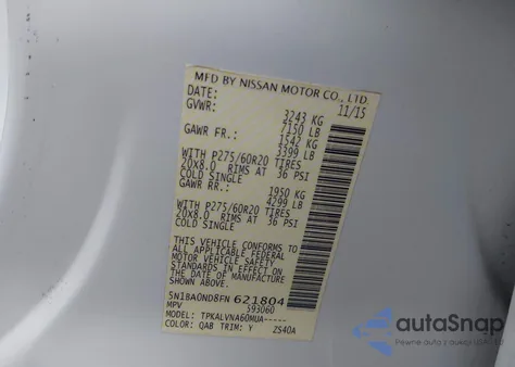 2015 Nissan Armada Sl z USA, uszkodzony, nr VIN 5N1BA0ND8FN621804